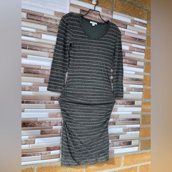 Standard James Perse Midi Dress Gray Green Striped Ruched Scoop Neck Cotton 1 - Picture 7 of 8